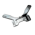 Taylor RC OUTLAW drop rear shock tower in raw silver, angled view showing the shock mounting holes, arm slots, and central chassis clearance cutout
