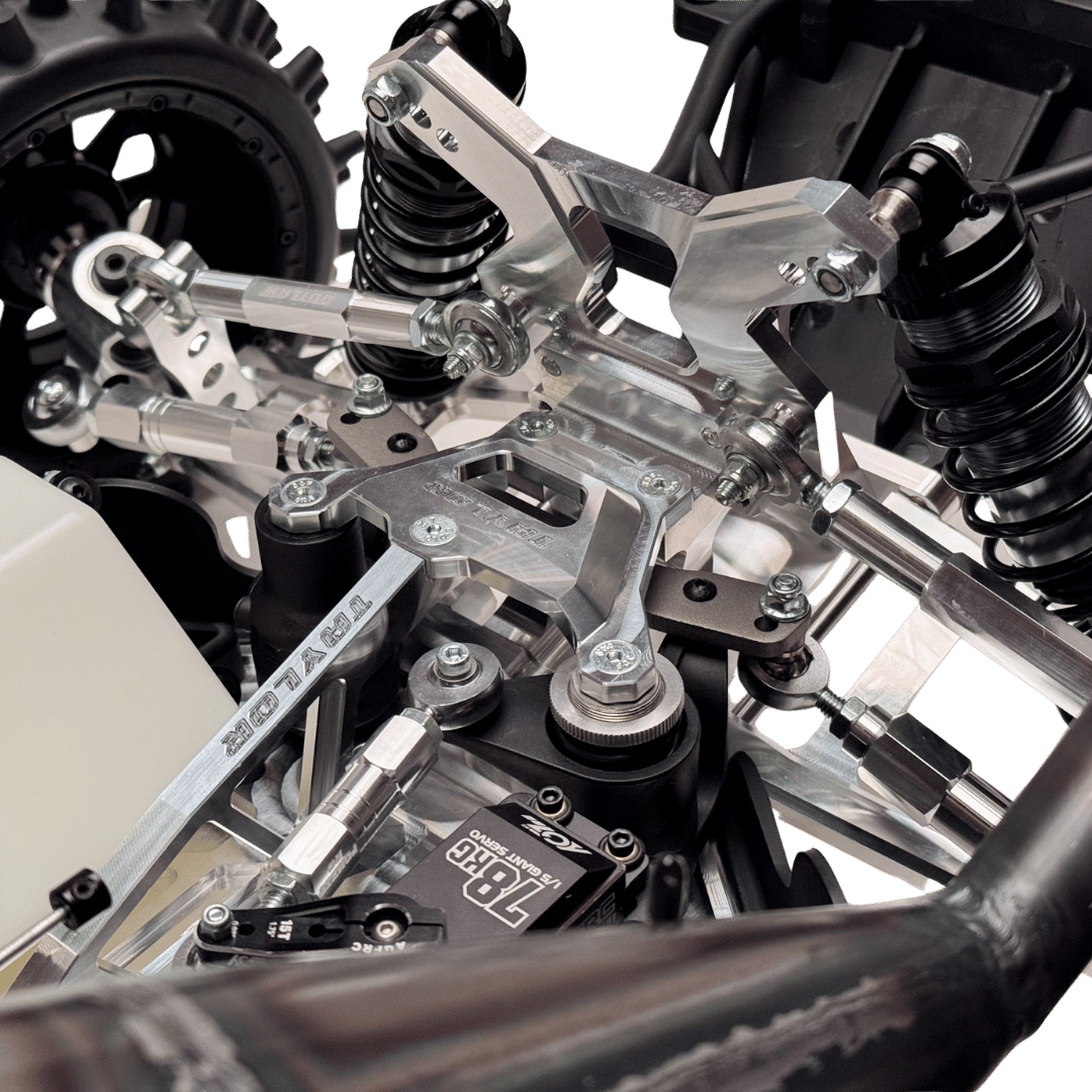 Close-up of a mechanical suspension system with visible branding on a transparent background