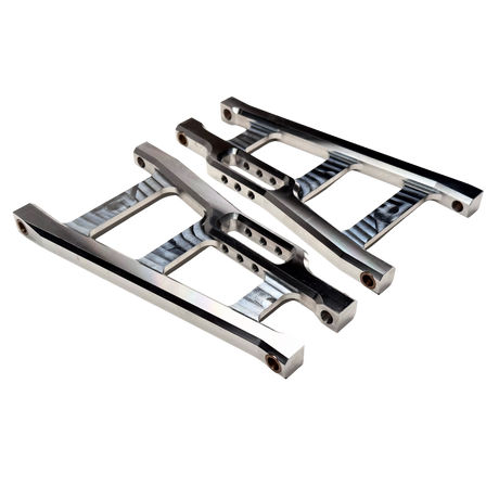 Two metal suspension arms on a white background