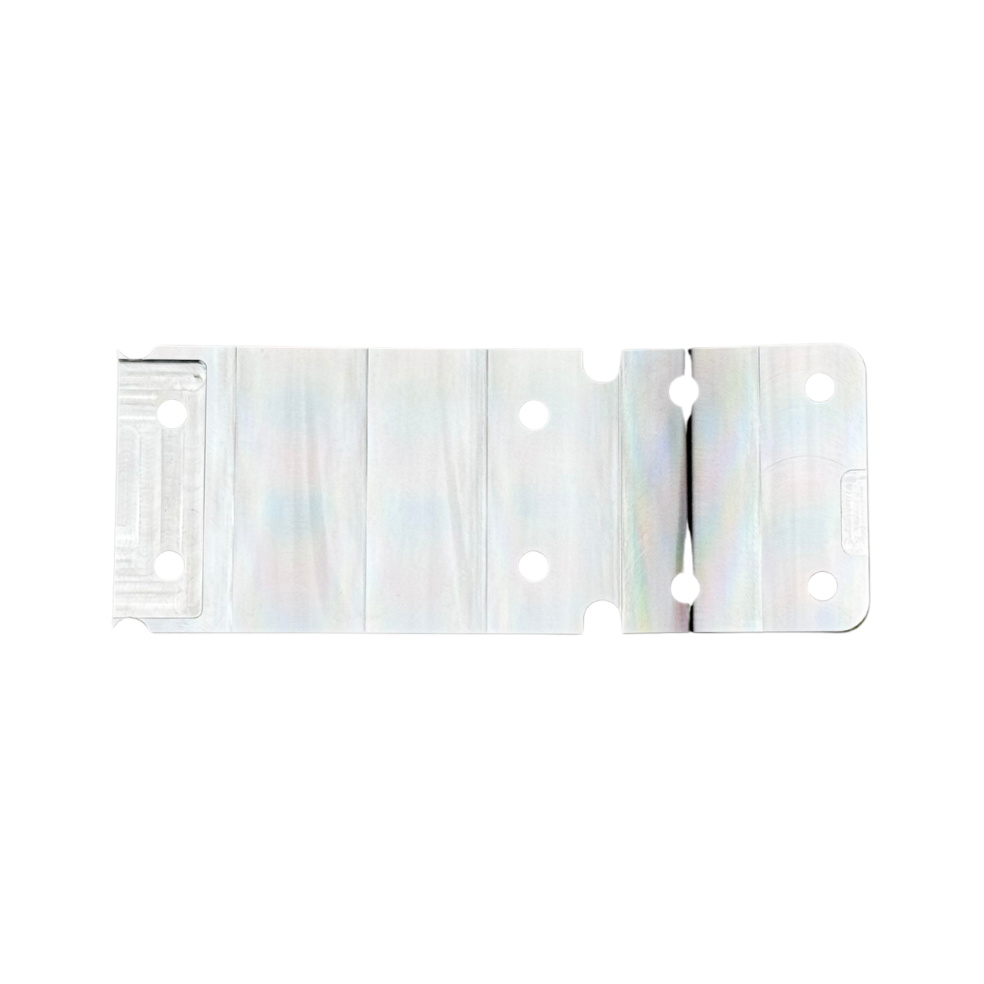 Taylor RC OUTLAW V4 front chassis insert in raw silver, underside view showing the flat bottom face and straight-through mounting holes