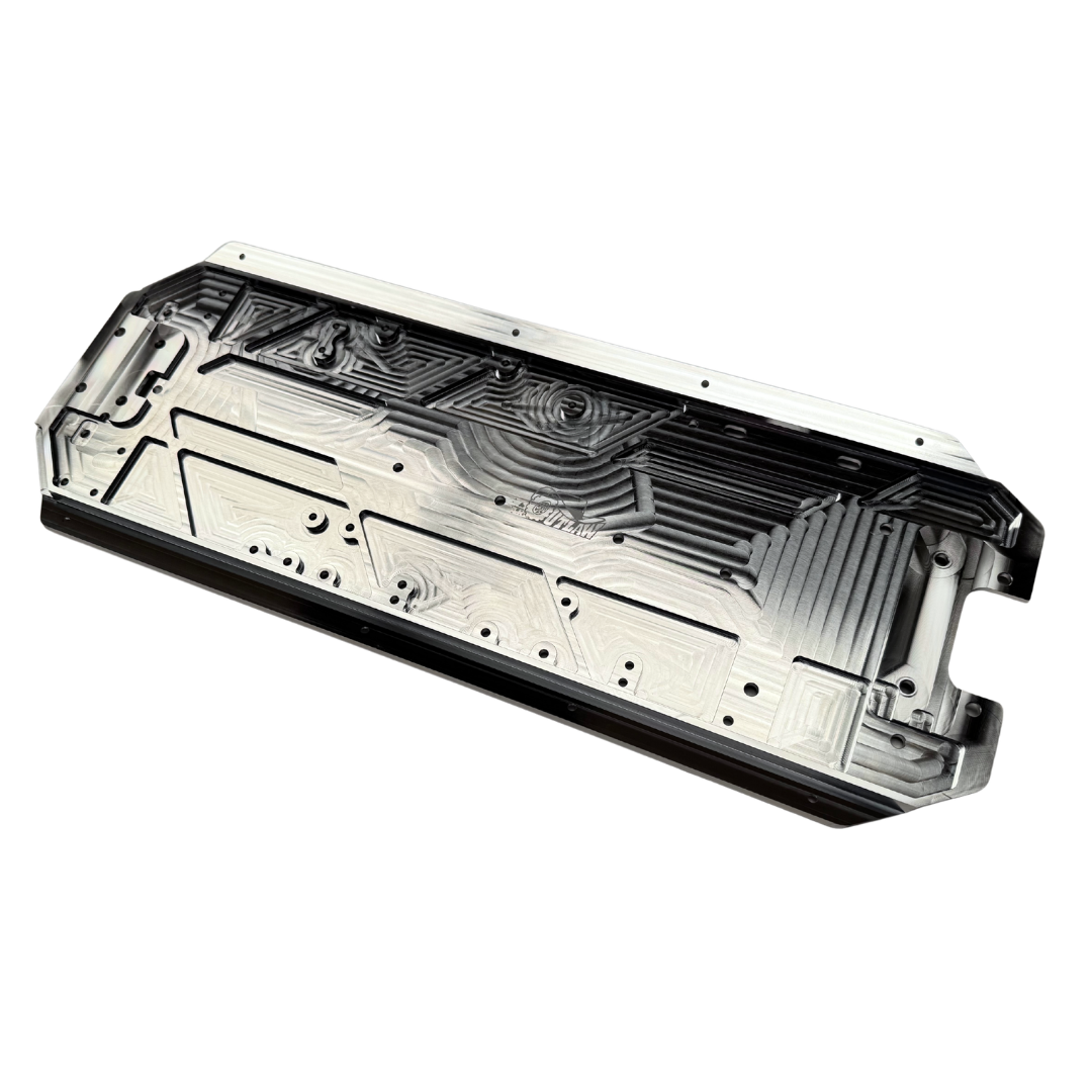 Taylor RC OUTLAW V4 main chassis plate in raw silver, angled view from a slightly different angle showing the pocketed top face with the OUTLAW logo