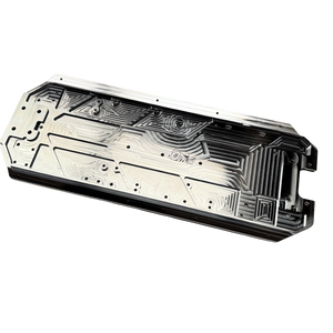 Taylor RC OUTLAW V4 main chassis plate in raw silver, angled view showing the machined pocketed top face with the OUTLAW logo and mounting holes