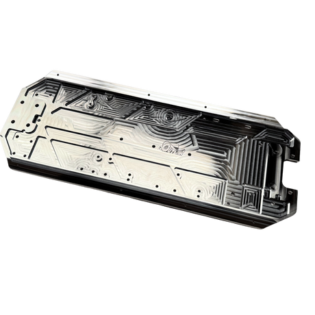 Taylor RC OUTLAW V4 main chassis plate in raw silver, angled view showing the machined pocketed top face with the OUTLAW logo and mounting holes