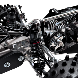 Close-up of a detailed metal chassis with suspension components on a white background