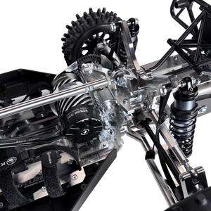 Close-up of a detailed mechanical model with gears and metal components on a white background