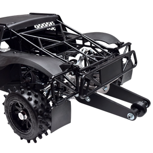 Black off-road vehicle chassis with suspension and tires on a white background