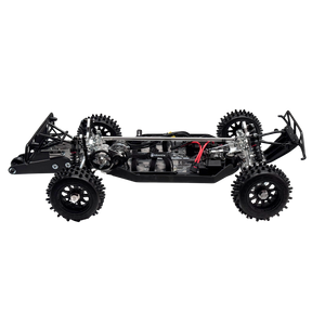 Black off-road vehicle chassis with visible mechanical components on a white background