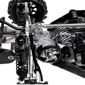 Close-up of a detailed mechanical system with gears and suspension components on a white background