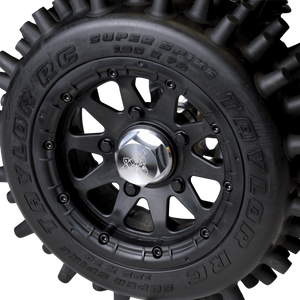 Close-up of a Taylor Super Spike RC tire on a white background