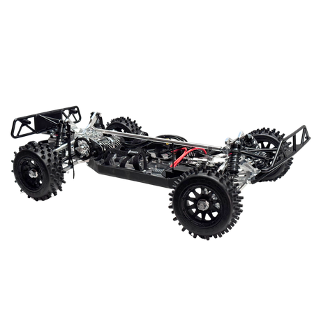 Model of a vehicle chassis with wheels and mechanical components on a white background