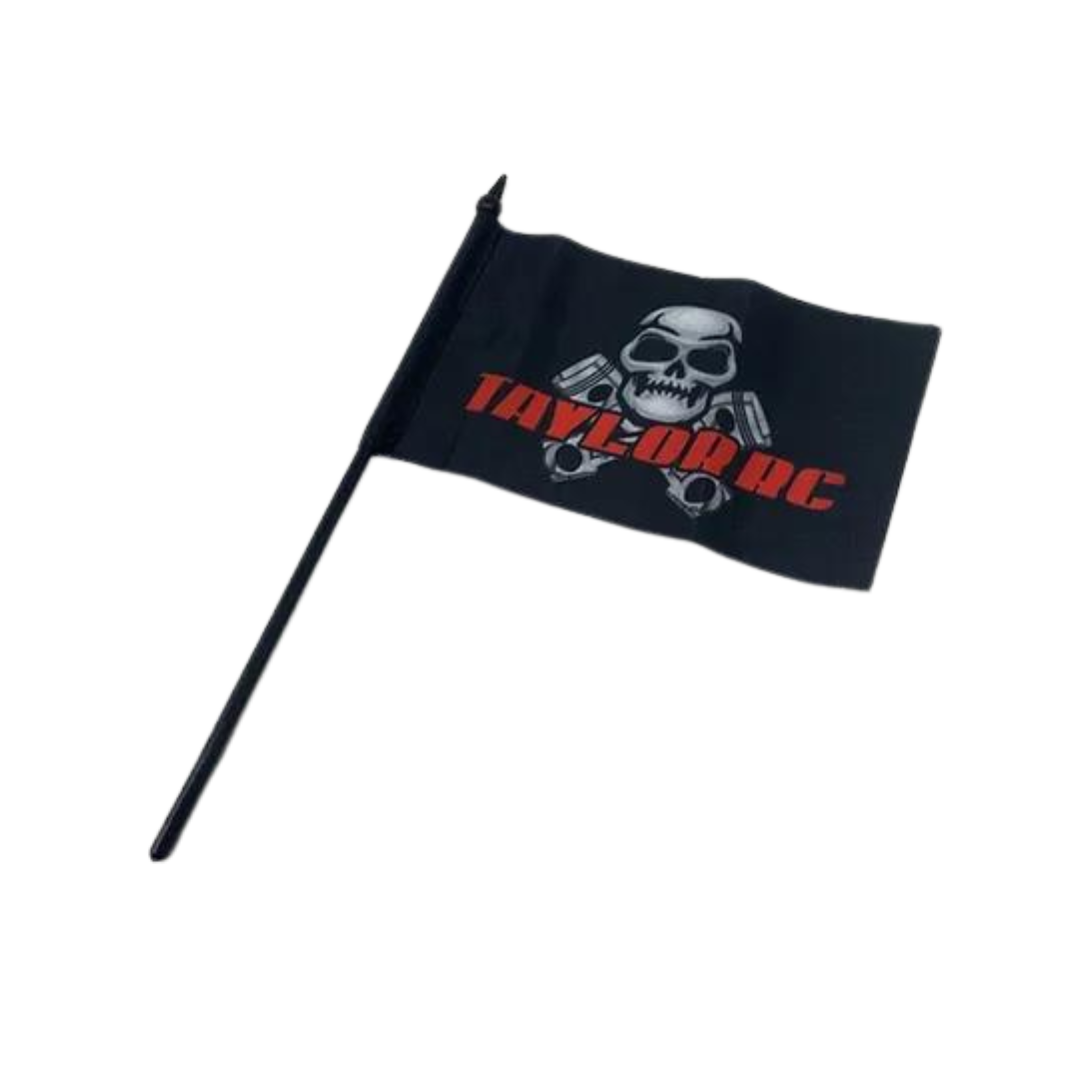 Black flag with skull and crossbones design and 'Taylor OC' text on a white background