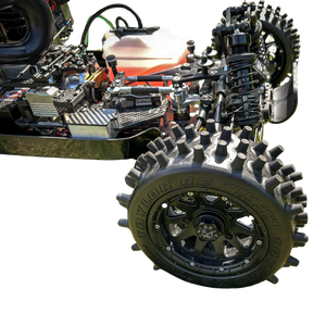 Close-up of a mechanical model with gears and a wheel on a white background