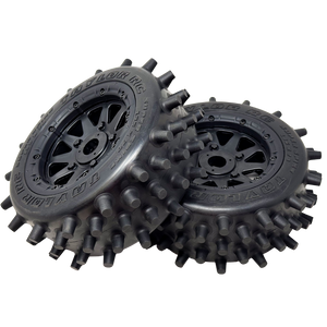 Two black off-road wheels with spiky tread pattern on a white background