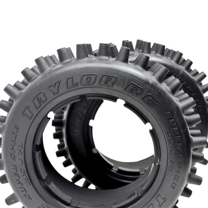 Close-up of a Taylor RC tire on a white background