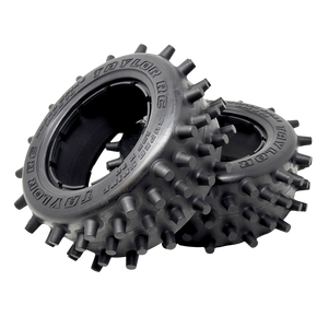 Two black off-road tires with spiky tread pattern on a white background