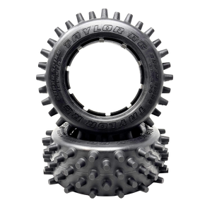 Two Taylor R/C tires stacked on a white background