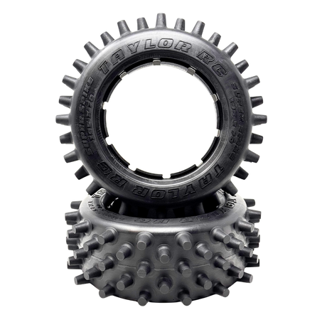 Two Taylor R/C tires stacked on a white background