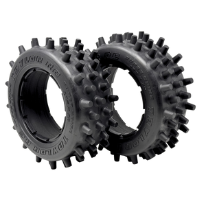 Two black tires with spiky tread pattern on a white background