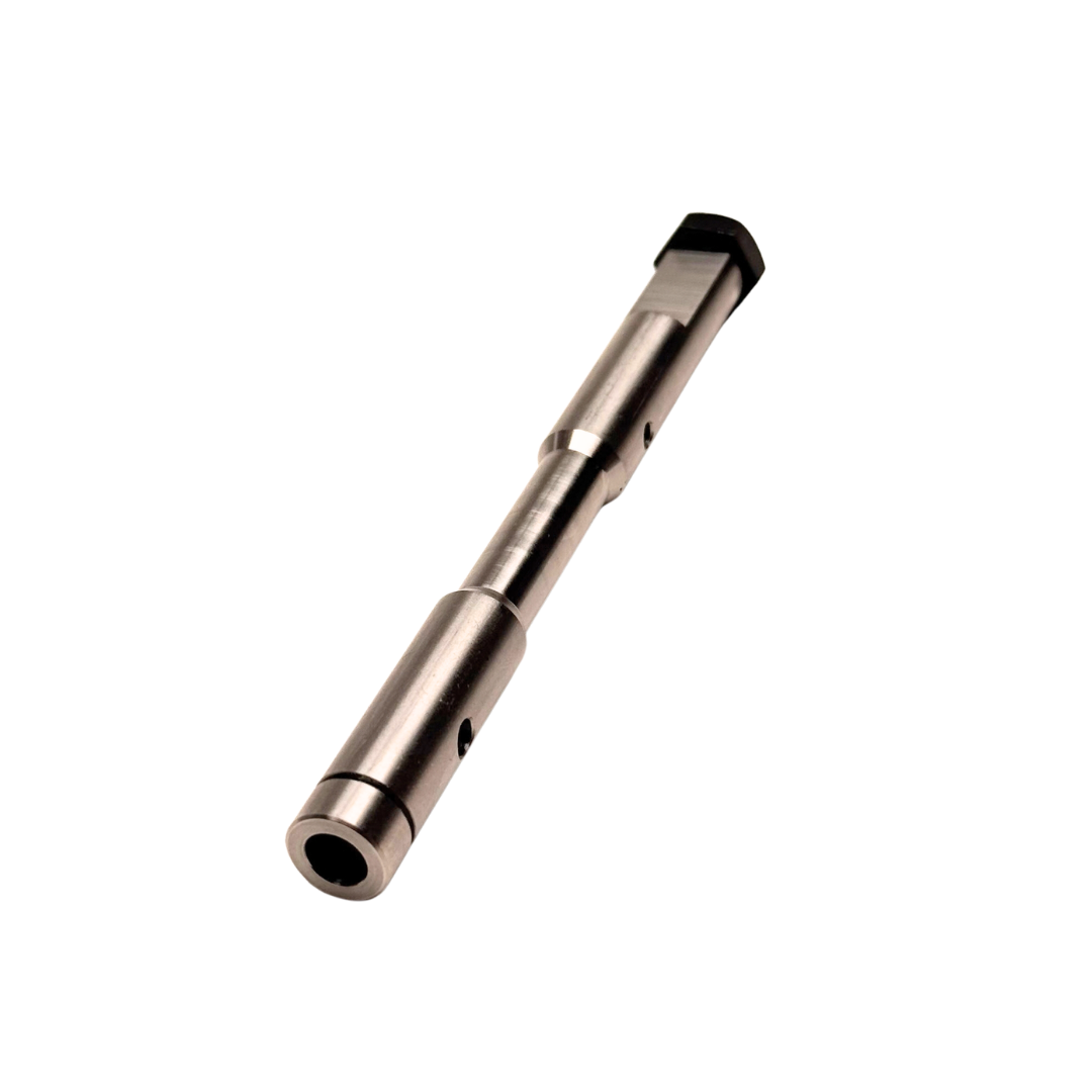 Taylor RC titanium Baja layshaft with black bolt, angled view from the opposite end showing the hollow bore and machined steps