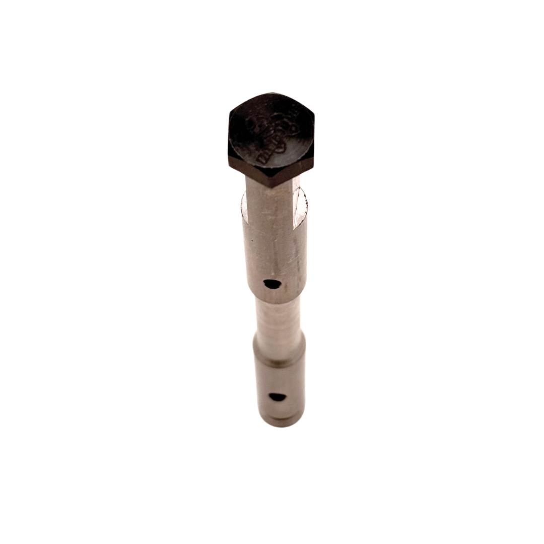 Taylor RC titanium Baja layshaft with black bolt, close-up end view of the hex bolt head