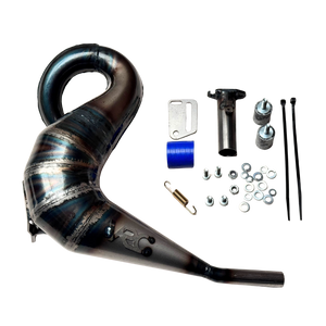 Taylor RC Victory Kraken VEKTA/TT 32cc+ tuned exhaust pipe shown side-on with the mounting bracket, silicone coupler, spring, and fixings