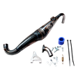 Taylor RC Victory PRO Baja 5B side mount exhaust pipe, non-silenced version, shown from an alternate angle with manifold, silicone coupler, spring, and mounting hardware