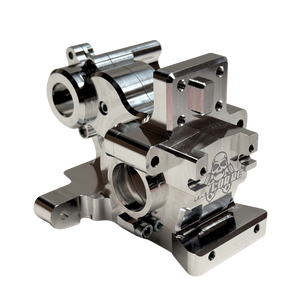 Front-facing view of the raw silver Taylor RC V2 billet 3-piece Vesla transmission housing