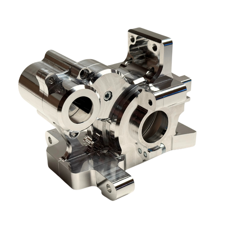 Raw silver Taylor RC V2 billet Vesla transmission housing shown from the side