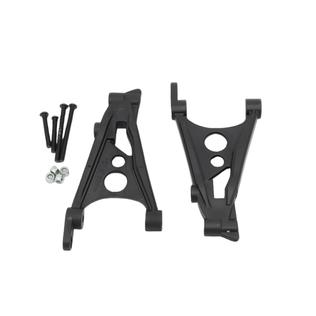 Two black plastic brackets on a white background