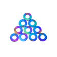 Iridescent washers stacked in a pyramid formation on a white background