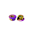 Two rainbow-colored metal nuts on a white background