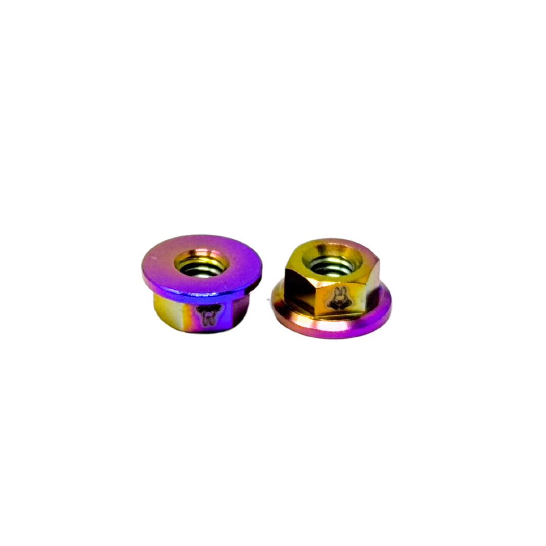 Two rainbow-colored metal nuts on a white background