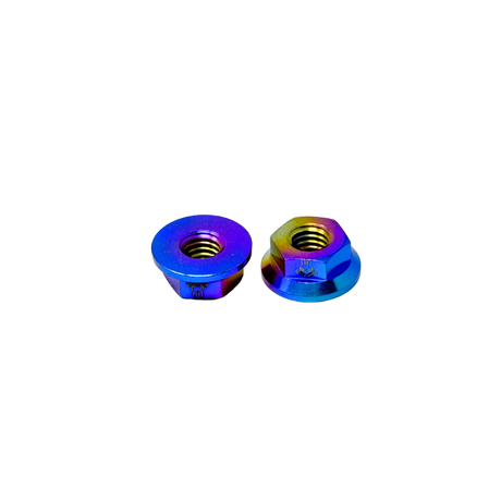 Two colorful metal nuts on a white background