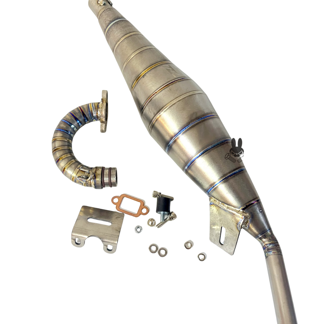 Metal exhaust pipe with components on a white background