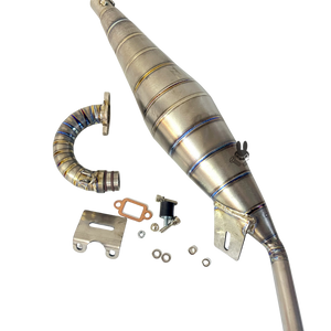 Metal exhaust pipe with components on a white background