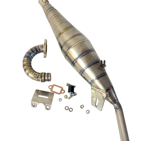 Metal exhaust pipe with components on a white background