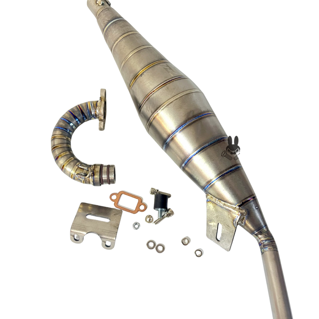 Metal exhaust pipe with components on a white background