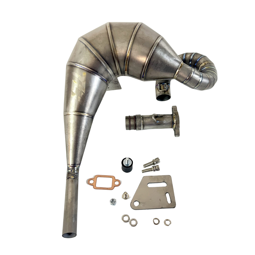 Metal exhaust pipe kit with various components on a white background