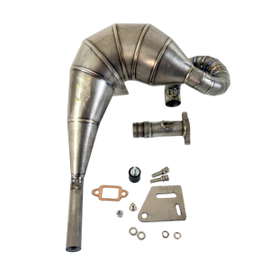 Metal exhaust pipe kit with various components on a white background