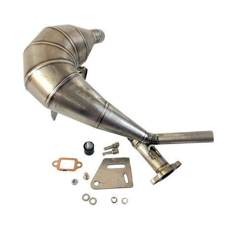 Metal exhaust system with components on a white background
