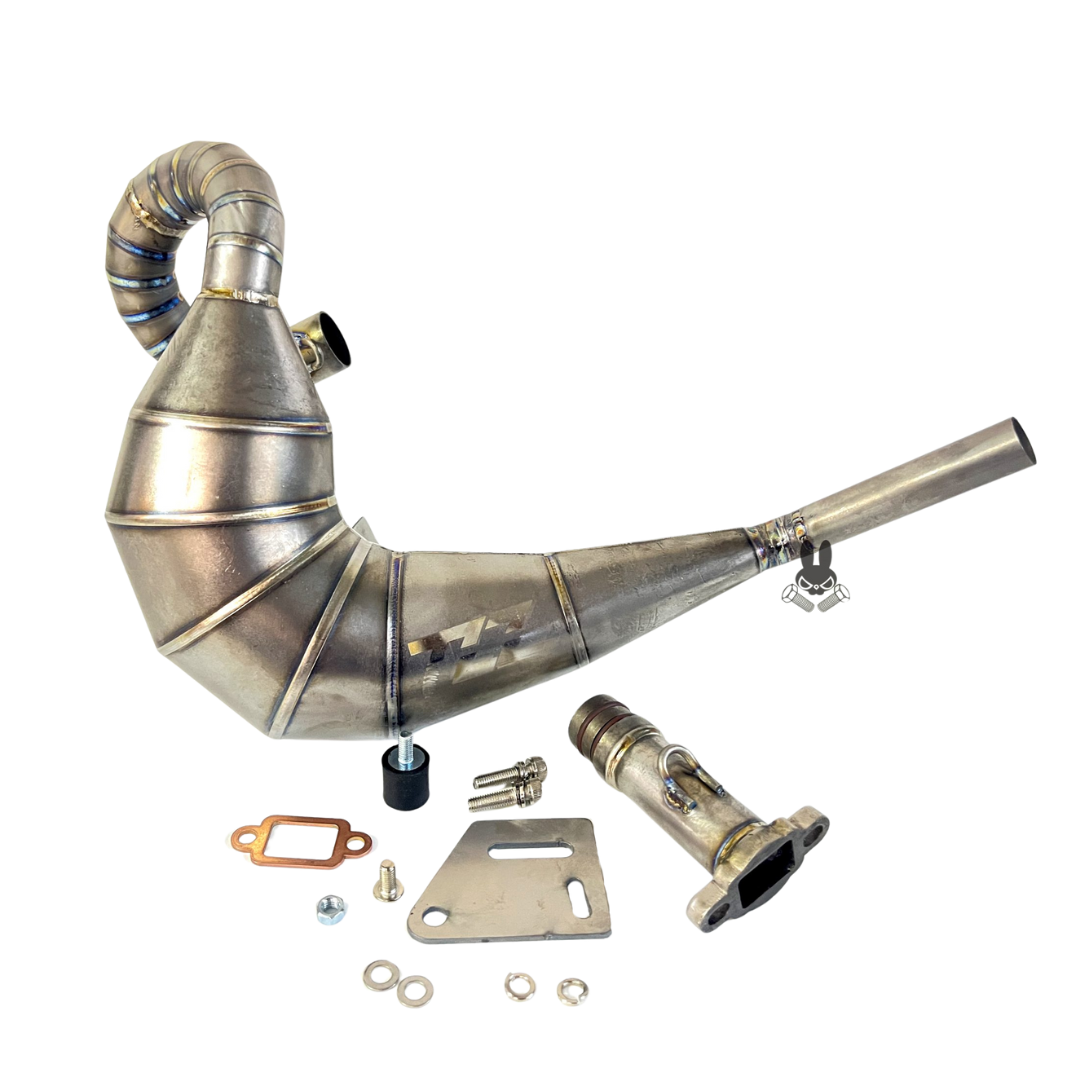 Metal exhaust system components on a white background