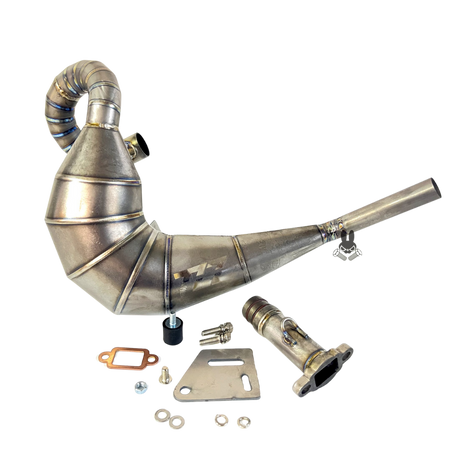 Metal exhaust system components on a white background