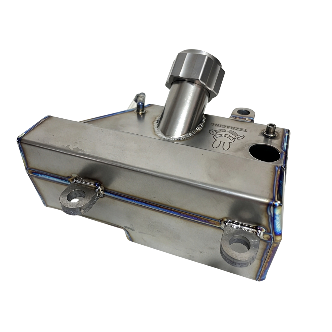 TZZ Racing titanium fuel tank for Baja and Kraken VESLA.5, side view showing the angled filler neck and mounting points