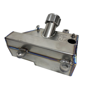 TZZ Racing titanium fuel tank for Baja and Kraken VESLA.5, side view showing the angled filler neck and mounting points