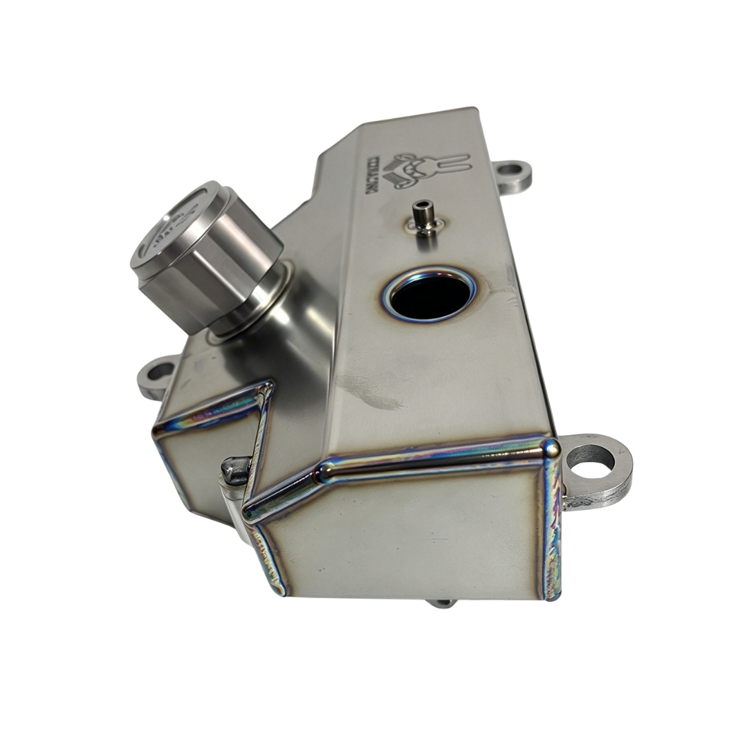 TZZ Racing titanium fuel tank for Kraken VEKTA.5 and KV5TT, angled view showing the filler neck and mounting points