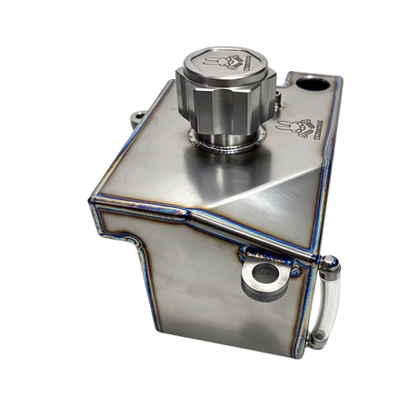 TZZ Racing titanium fuel tank for MCD, end view showing the cap and clear side tube