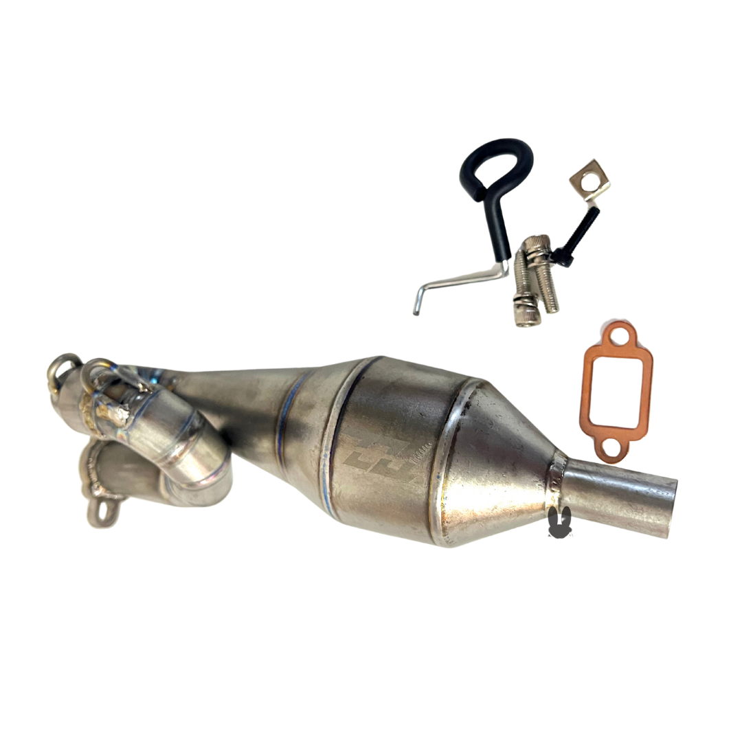 Metal exhaust pipe with additional components on a white background