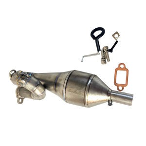 Metal exhaust pipe with additional components on a white background