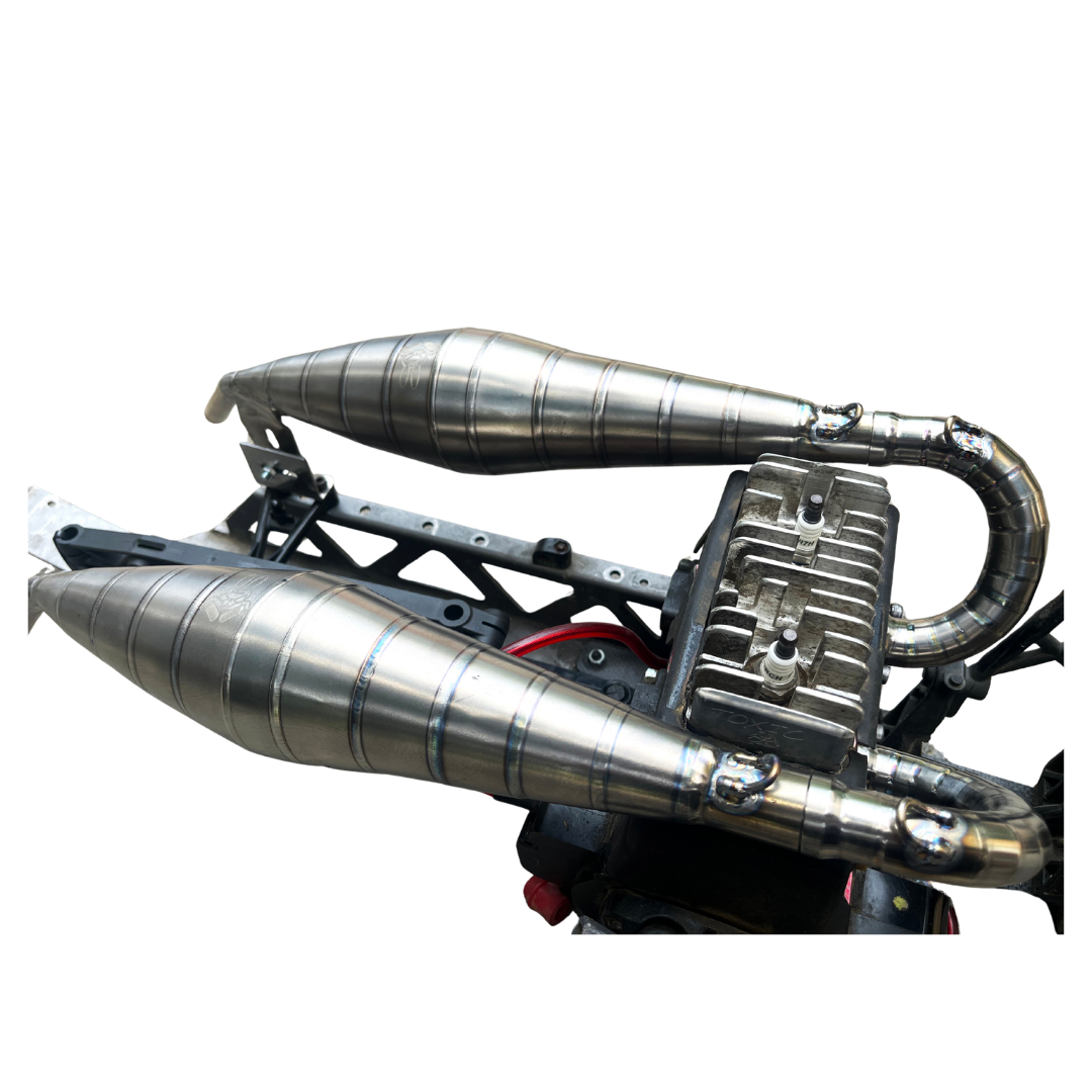 Metallic exhaust system on a white background