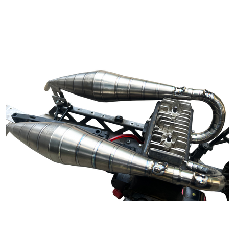 Metallic exhaust system on a white background